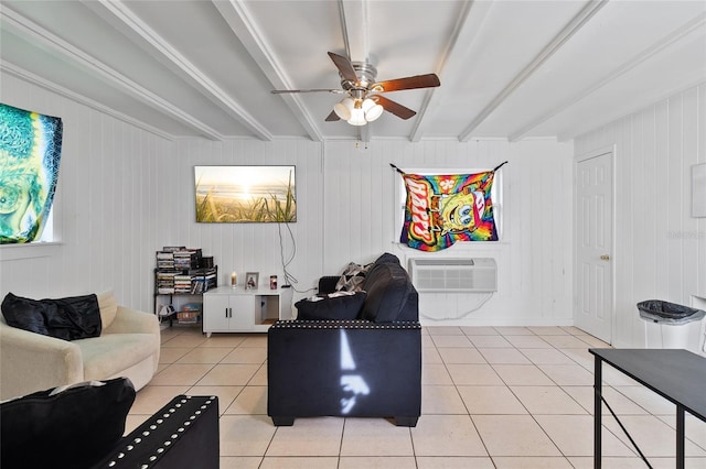 205 Santurce Ave, North Port, FL 34287 - living room featuring ceiling fan, a wall mounted air conditioner, beamed ceiling, and light tile patterned floors
