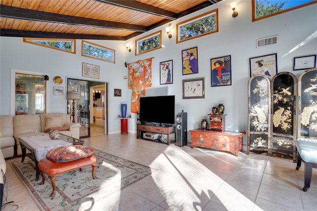 tiled living room featuring beam ceiling, high vaulted ceiling, and wooden ceiling