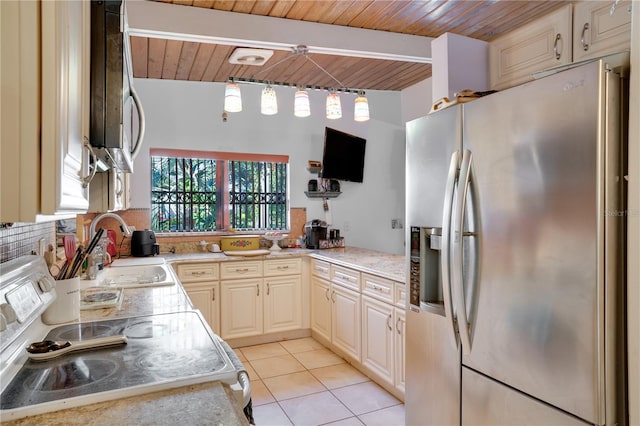 kitchen with stainless steel refrigerator with ice dispenser, sink, beamed ceiling, range, and light tile patterned flooring