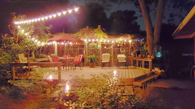 view of deck at night