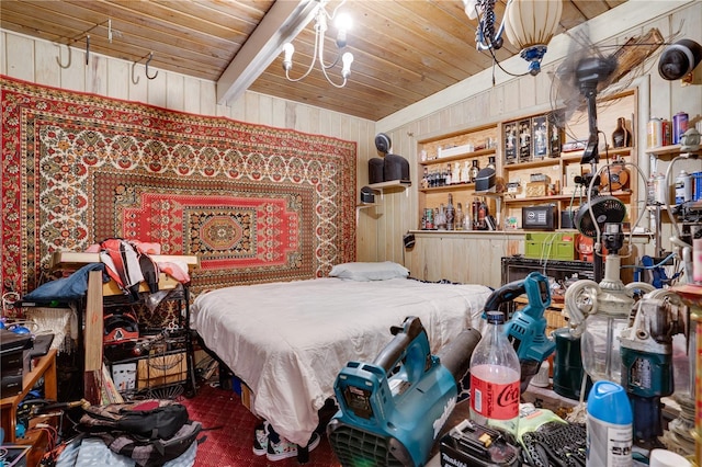 bedroom featuring wood walls, beam ceiling, and wood ceiling