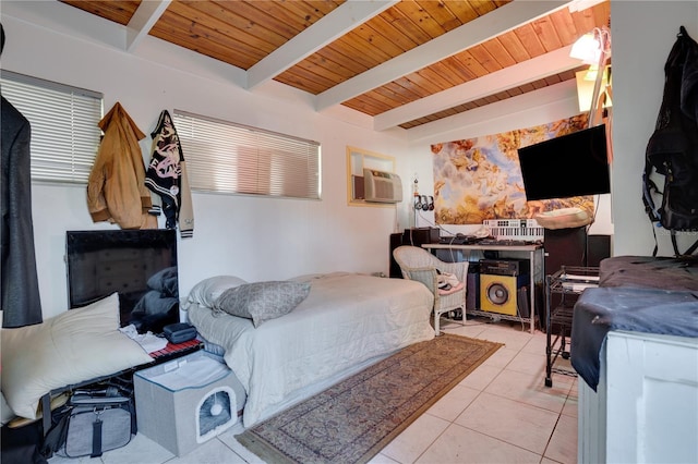 bedroom with beamed ceiling, light tile patterned floors, a wall unit AC, and wood ceiling