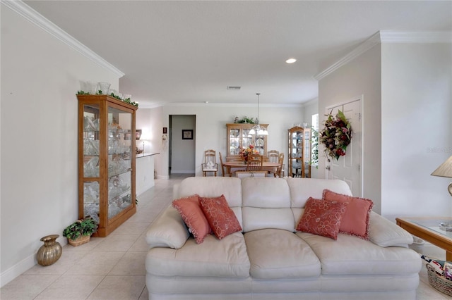 tiled living room with ornamental molding