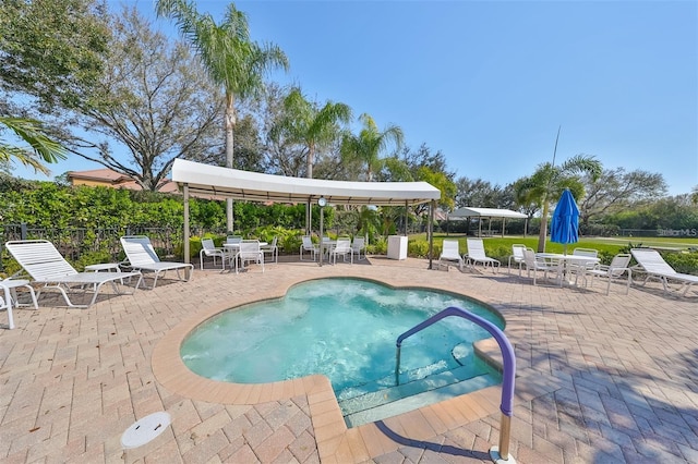 view of swimming pool featuring a patio area