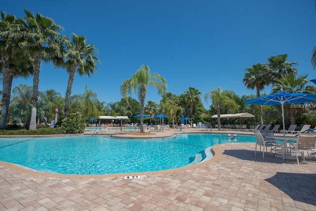 community pool with a patio area