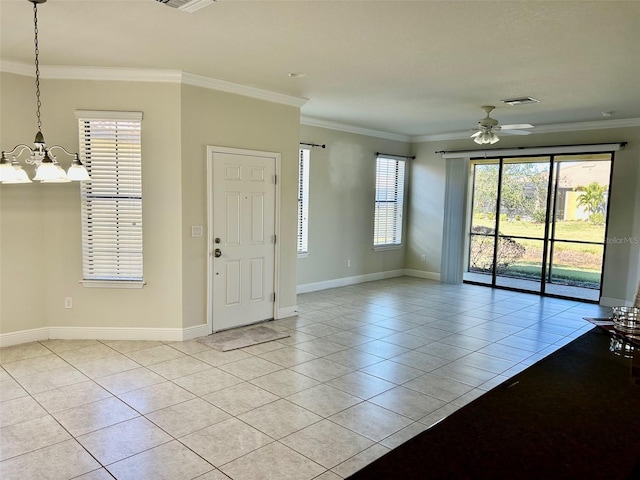 tiled entryway with ceiling fan with notable chandelier and ornamental molding