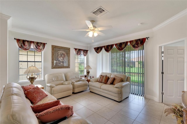 tiled living room featuring crown molding and ceiling fan