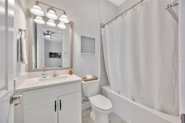 full bathroom featuring tile patterned floors, toilet, vanity, shower / bath combo, and ceiling fan