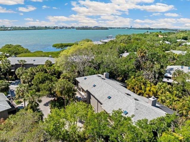 drone / aerial view featuring a water view