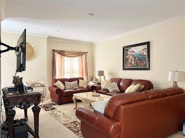 living room with crown molding and light colored carpet