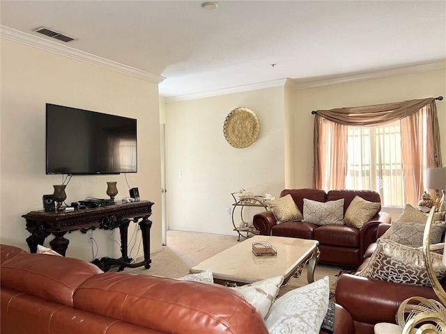 living room featuring ornamental molding and light colored carpet