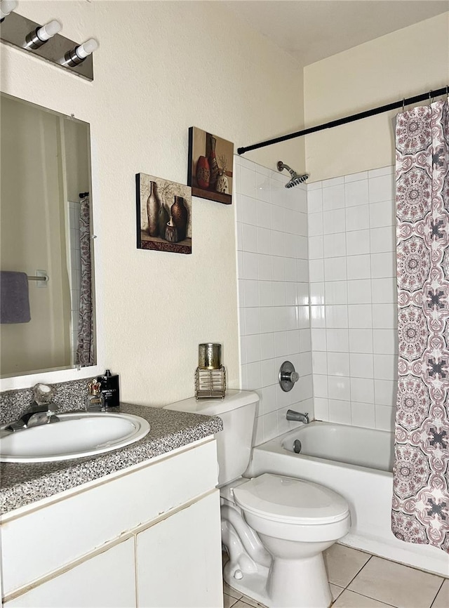 full bathroom with vanity, toilet, tile patterned floors, and shower / bath combination with curtain