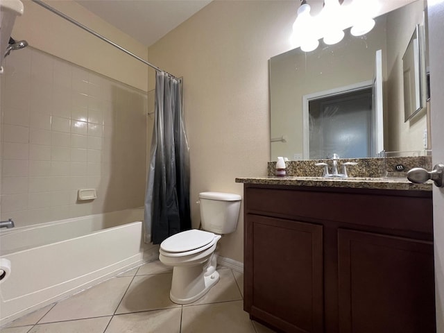 full bathroom featuring toilet, vanity, tile patterned floors, and shower / bathtub combination with curtain