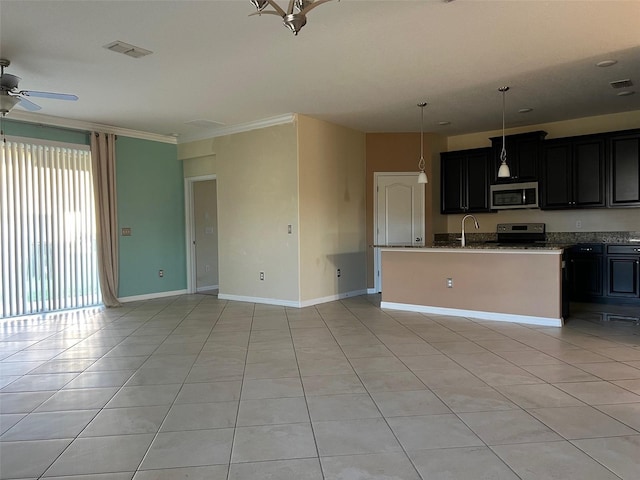 kitchen with ceiling fan, appliances with stainless steel finishes, decorative light fixtures, light tile patterned floors, and ornamental molding