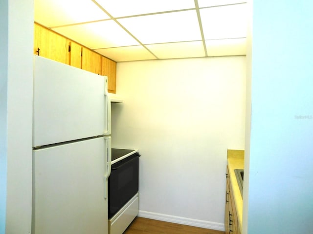 kitchen featuring dark hardwood / wood-style floors, white fridge, stove, and a paneled ceiling