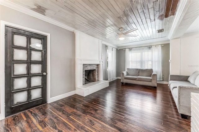 unfurnished living room featuring ceiling fan, wooden ceiling, a fireplace, and dark hardwood / wood-style flooring