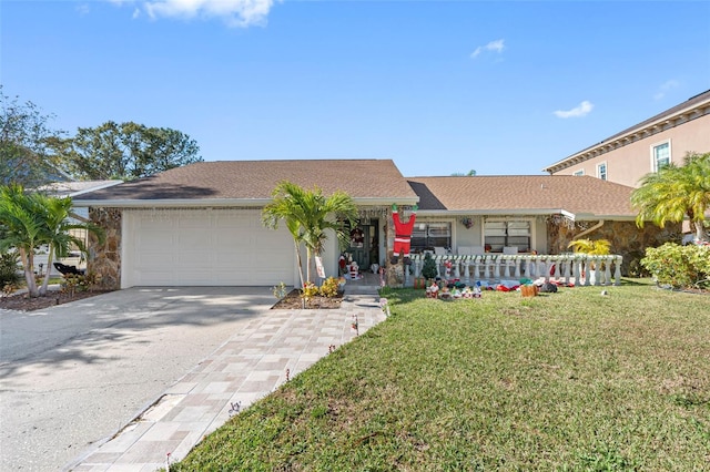 ranch-style house featuring a porch, a garage, and a front lawn