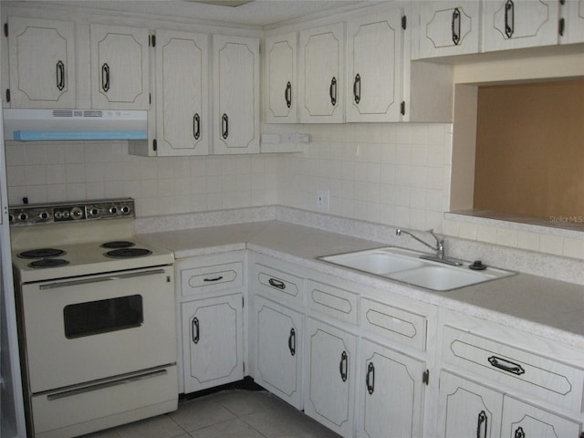 kitchen featuring white cabinets, light tile patterned floors, backsplash, white range with electric cooktop, and sink