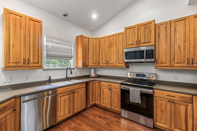 kitchen featuring sink, vaulted ceiling, appliances with stainless steel finishes, and dark wood-type flooring