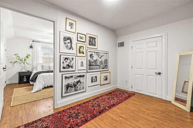 hall featuring lofted ceiling and hardwood / wood-style floors