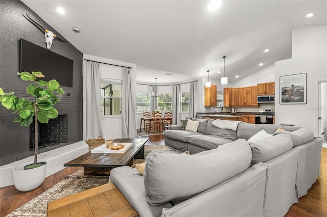 living room with wood-type flooring and high vaulted ceiling