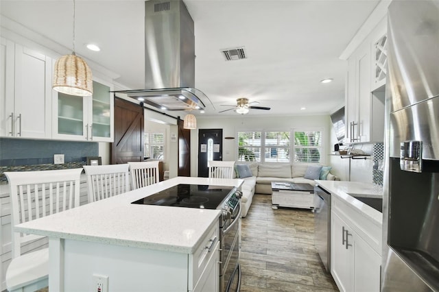 kitchen featuring a barn door, decorative backsplash, appliances with stainless steel finishes, island exhaust hood, and white cabinetry