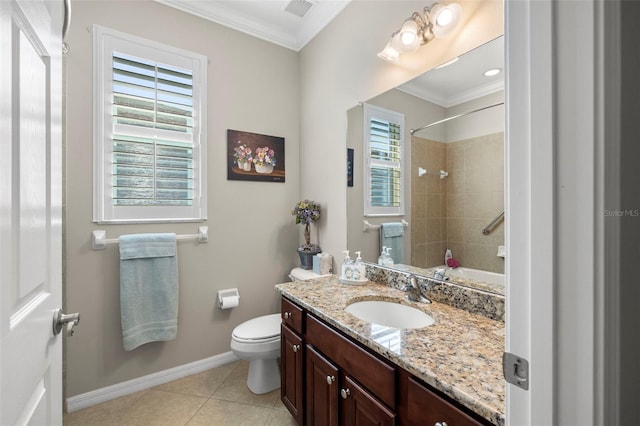 full bathroom with tiled shower / bath, toilet, ornamental molding, vanity, and tile patterned floors