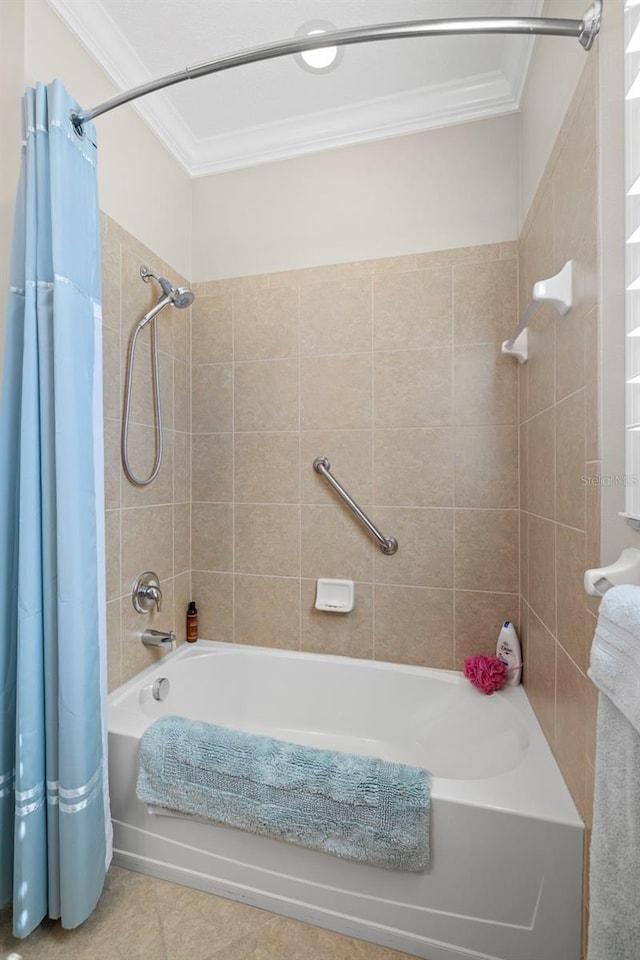 bathroom with shower / tub combo with curtain, tile patterned floors, and ornamental molding