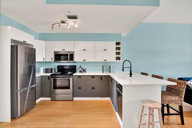 kitchen with kitchen peninsula, gray cabinetry, stainless steel appliances, sink, and white cabinets