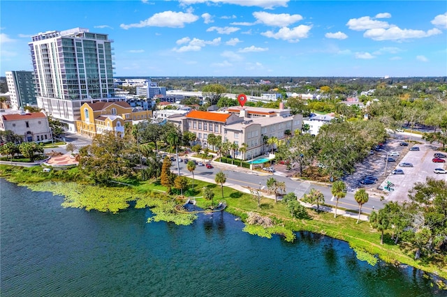 bird's eye view with a water view