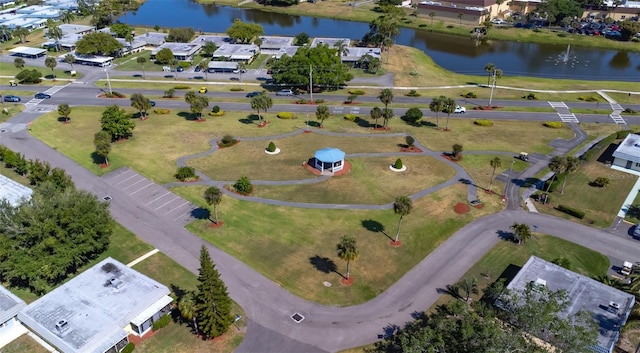 drone / aerial view with a water view