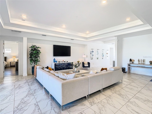 living room featuring a raised ceiling