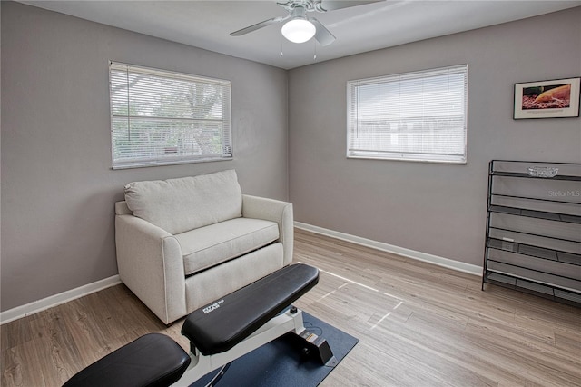 sitting room with ceiling fan and light wood-type flooring