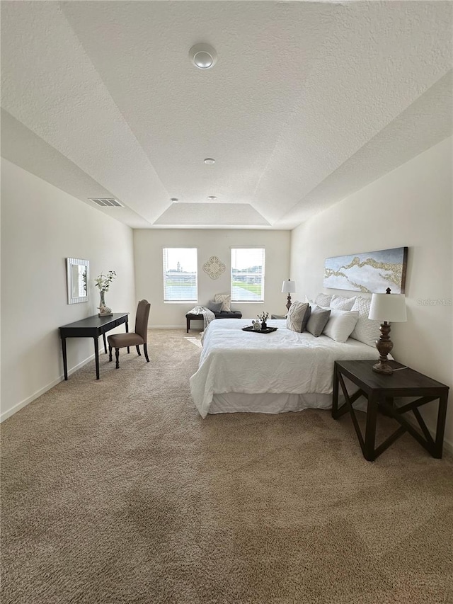 carpeted bedroom featuring a textured ceiling and a raised ceiling