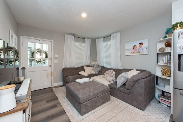 living room featuring hardwood / wood-style floors and a textured ceiling