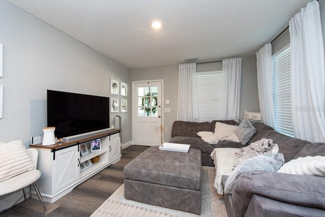 living room featuring a textured ceiling and dark wood-type flooring