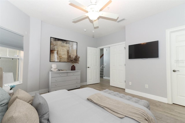 bedroom featuring ceiling fan and light hardwood / wood-style floors