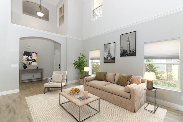 living room featuring light wood-type flooring and a high ceiling