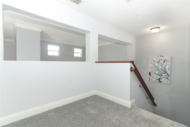 stairway featuring crown molding and carpet floors