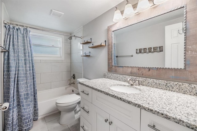 full bathroom featuring vanity, shower / bath combo, toilet, and tile patterned floors