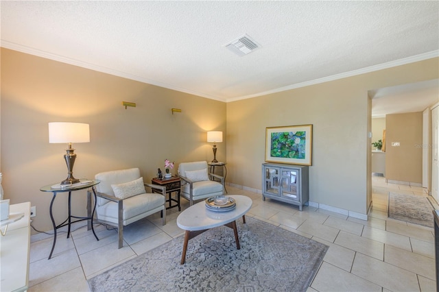 living room featuring ornamental molding, a textured ceiling, and light tile patterned floors