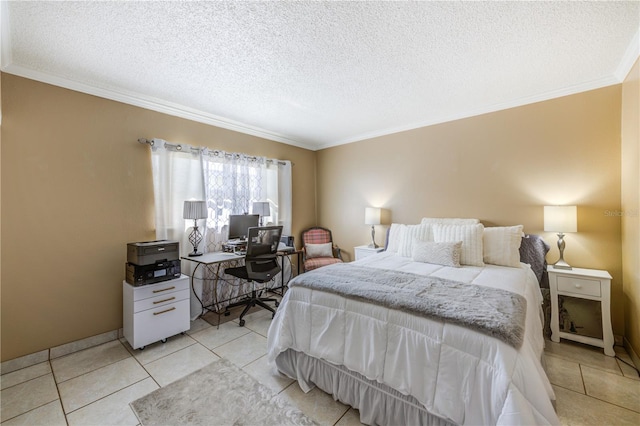 bedroom with ornamental molding and a textured ceiling