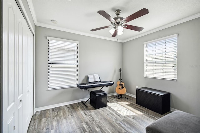 miscellaneous room featuring ornamental molding, a healthy amount of sunlight, light wood-type flooring, and ceiling fan