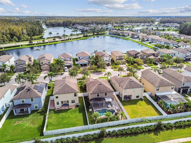 bird's eye view with a water view