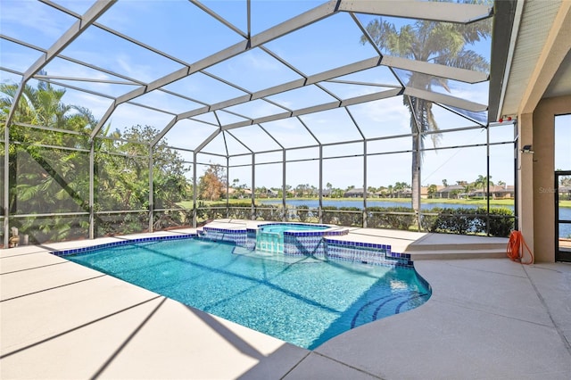 view of swimming pool featuring a patio, an in ground hot tub, a lanai, pool water feature, and a water view