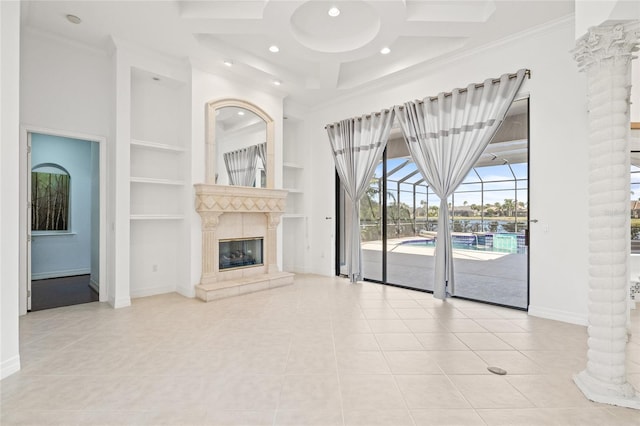 unfurnished living room featuring crown molding, coffered ceiling, built in features, and light tile patterned floors