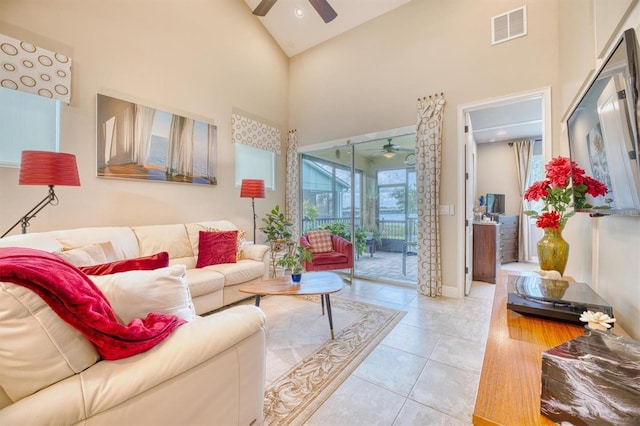 2001 Palm Key Ave, Oldsmar, FL 34677 - living area with high vaulted ceiling, a ceiling fan, baseboards, light tile patterned floors, and visible vents