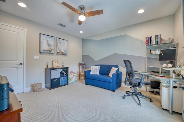 2001 Palm Key Ave, Oldsmar, FL 34677 - office area featuring visible vents, baseboards, recessed lighting, a ceiling fan, and carpet