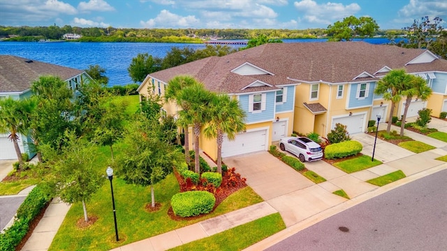 view of front of home featuring a garage, a water view, concrete driveway, a residential view, and a front yard