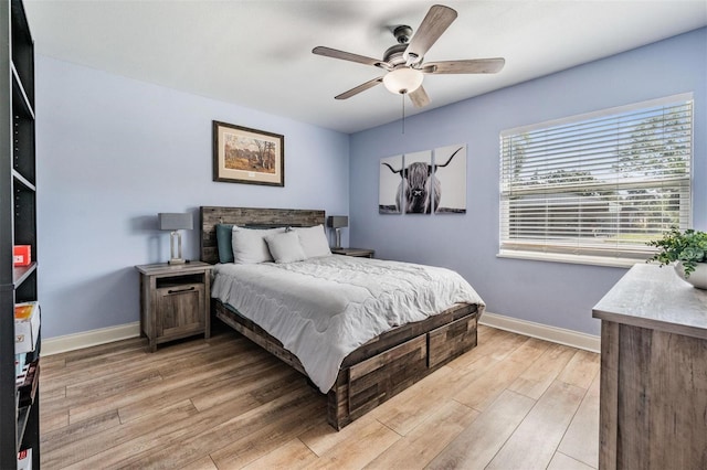 bedroom featuring light hardwood / wood-style floors and ceiling fan